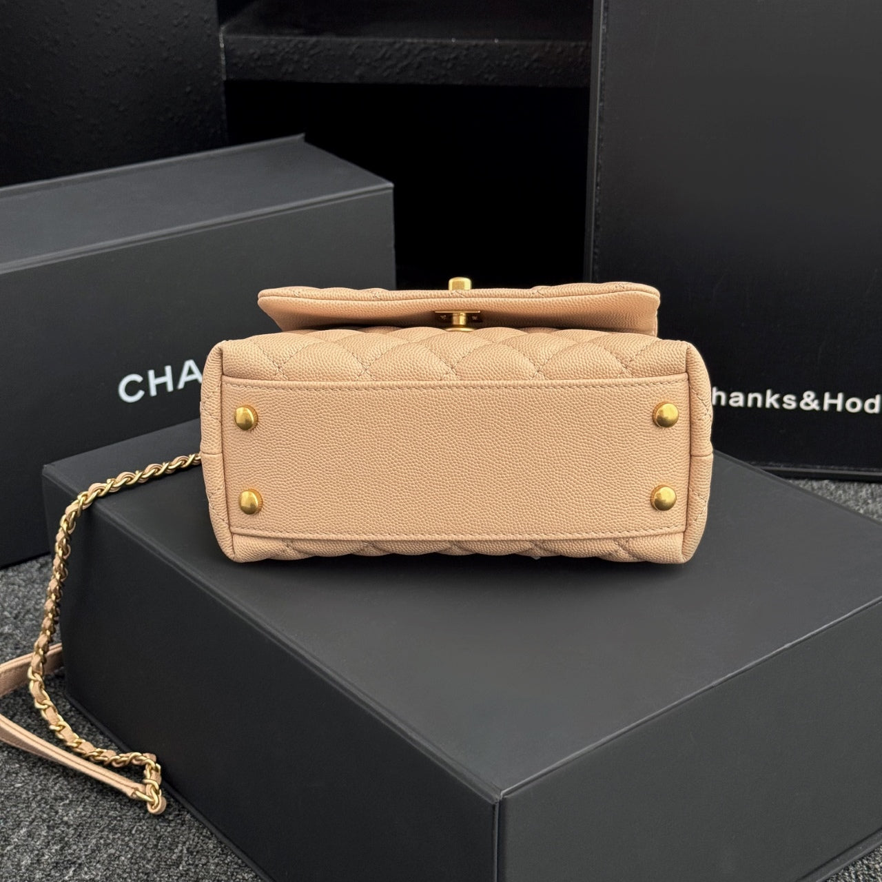 CH  MINI FLAP BAG WITH TOP HANDLE 19  Grained Calfskin Light Teas