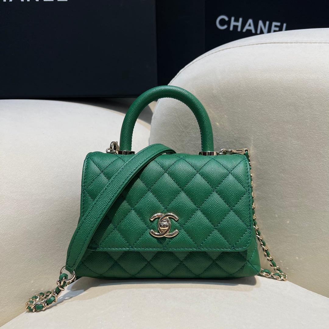 CH  MINI FLAP BAG WITH TOP HANDLE 19  Grained Calfskin Green