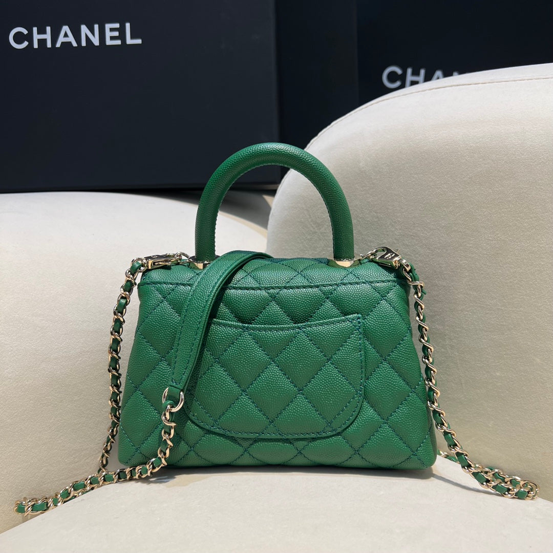 CH  MINI FLAP BAG WITH TOP HANDLE 19  Grained Calfskin Green