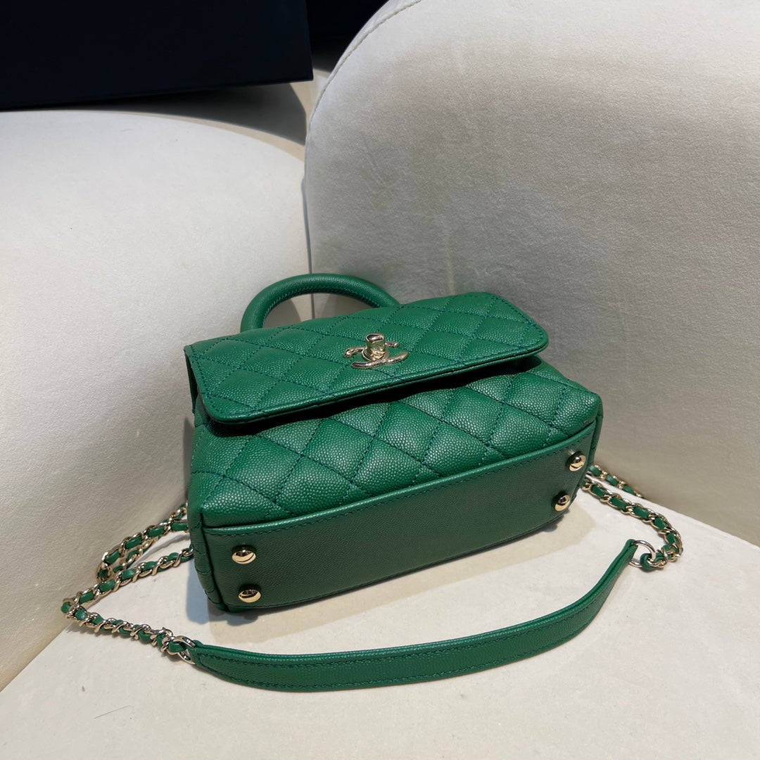 CH  MINI FLAP BAG WITH TOP HANDLE 19  Grained Calfskin Green