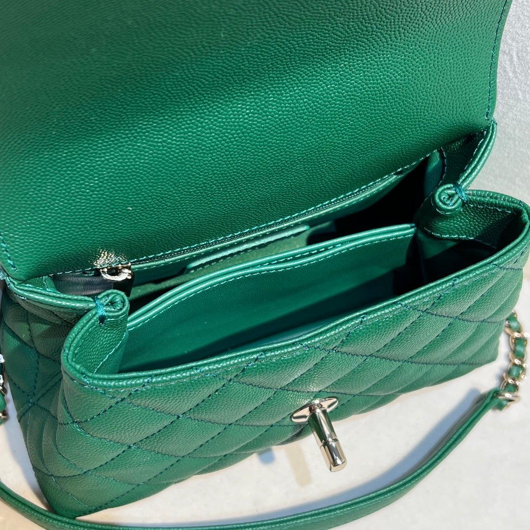 CH  MINI FLAP BAG WITH TOP HANDLE 19  Grained Calfskin Green