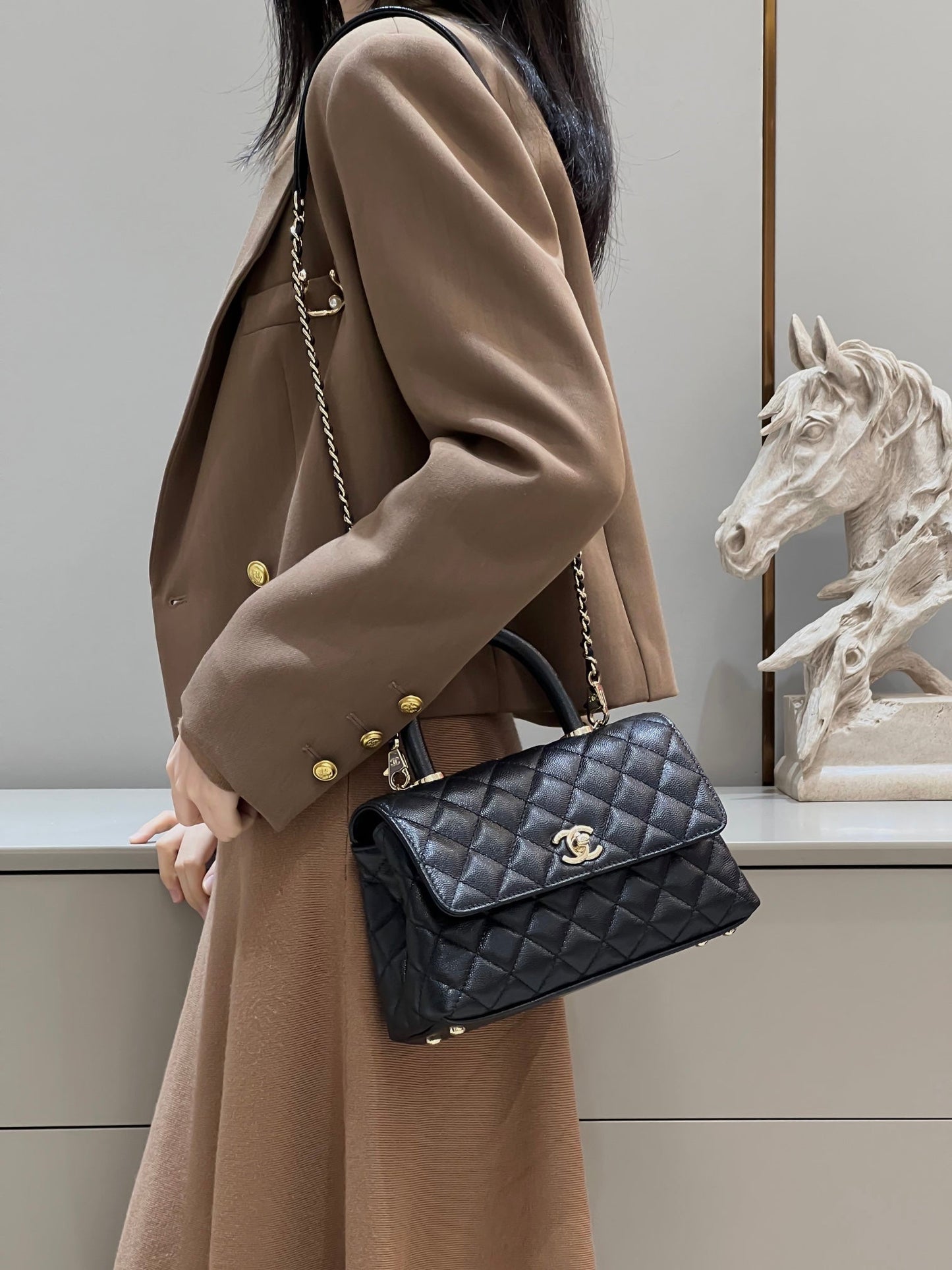 CH FLAP BAG WITH TOP HANDLE 24  Grained Calfskin Black