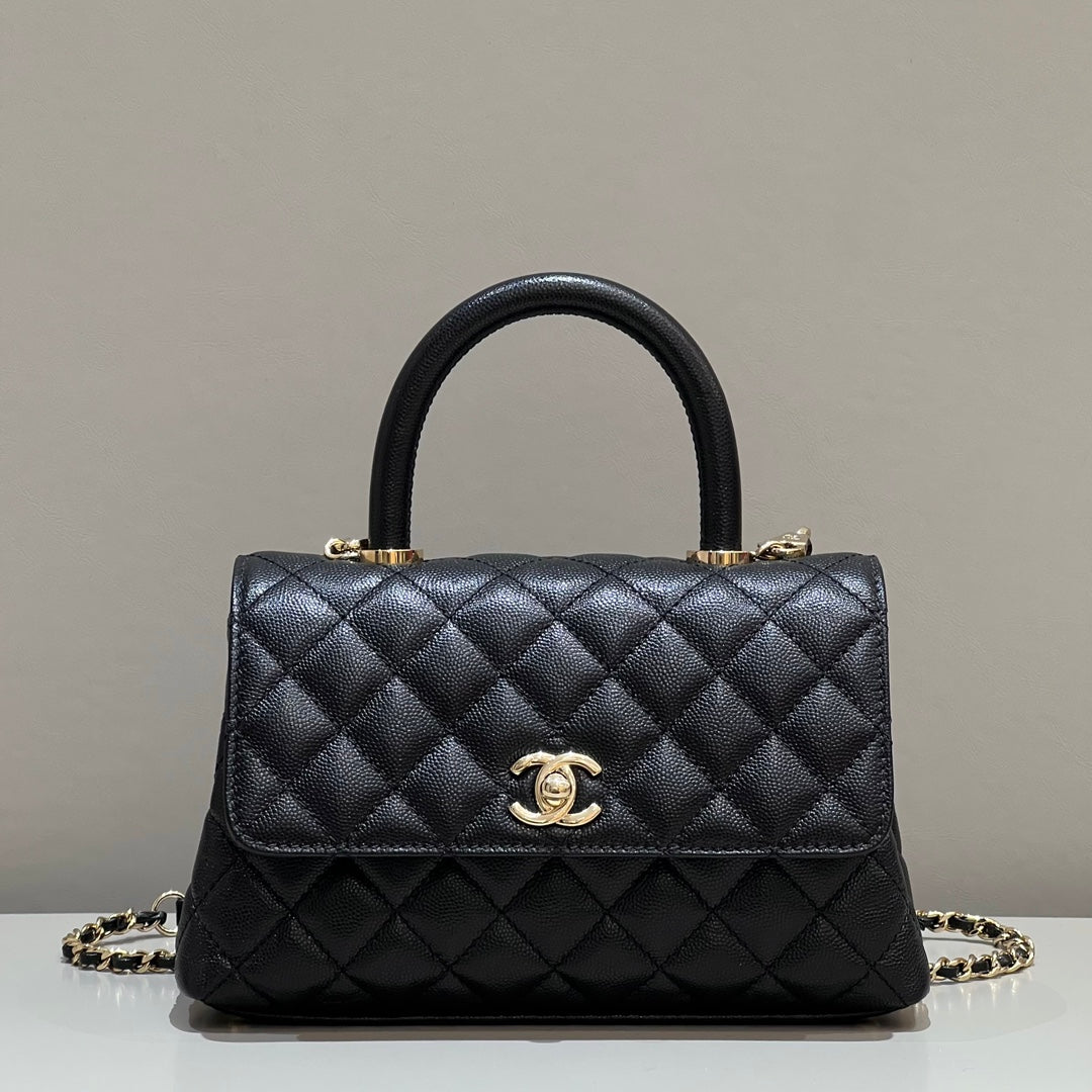 CH FLAP BAG WITH TOP HANDLE 24  Grained Calfskin Black