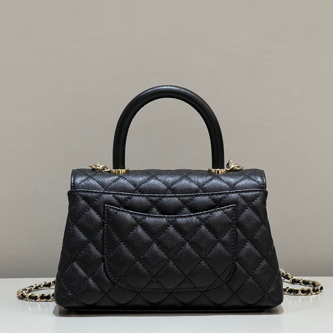 CH FLAP BAG WITH TOP HANDLE 24  Grained Calfskin Black