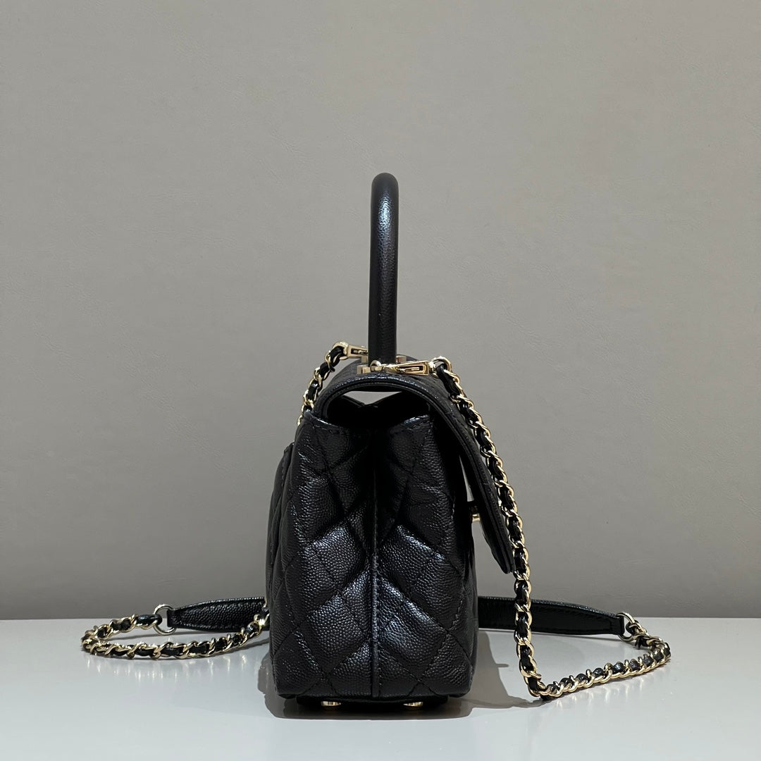 CH FLAP BAG WITH TOP HANDLE 24  Grained Calfskin Black