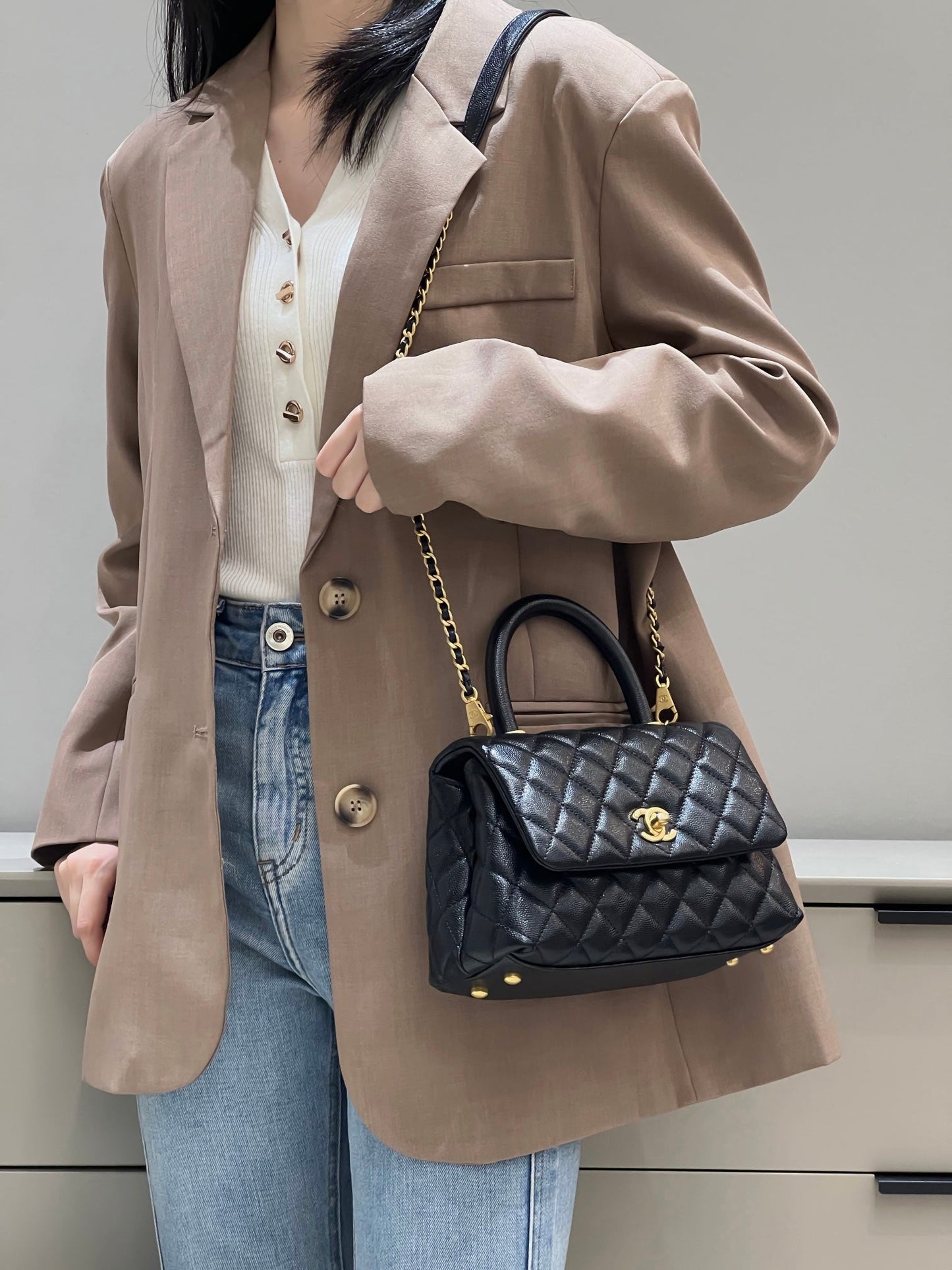 CH FLAP BAG WITH TOP HANDLE 24  Grained Calfskin Black