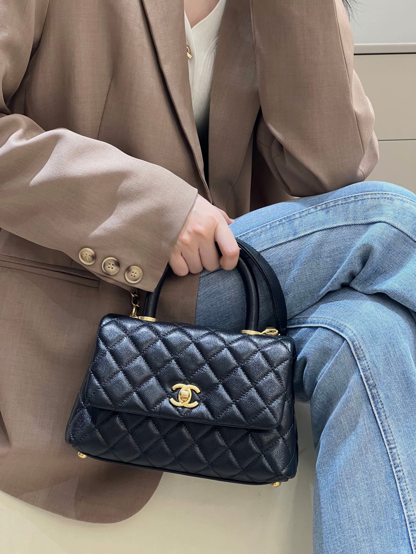 CH FLAP BAG WITH TOP HANDLE 24  Grained Calfskin Black