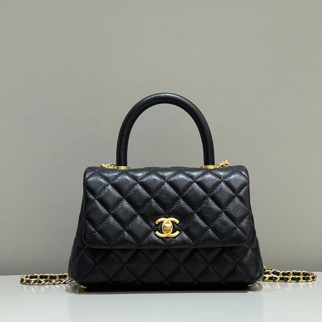 CH FLAP BAG WITH TOP HANDLE 24  Grained Calfskin Black