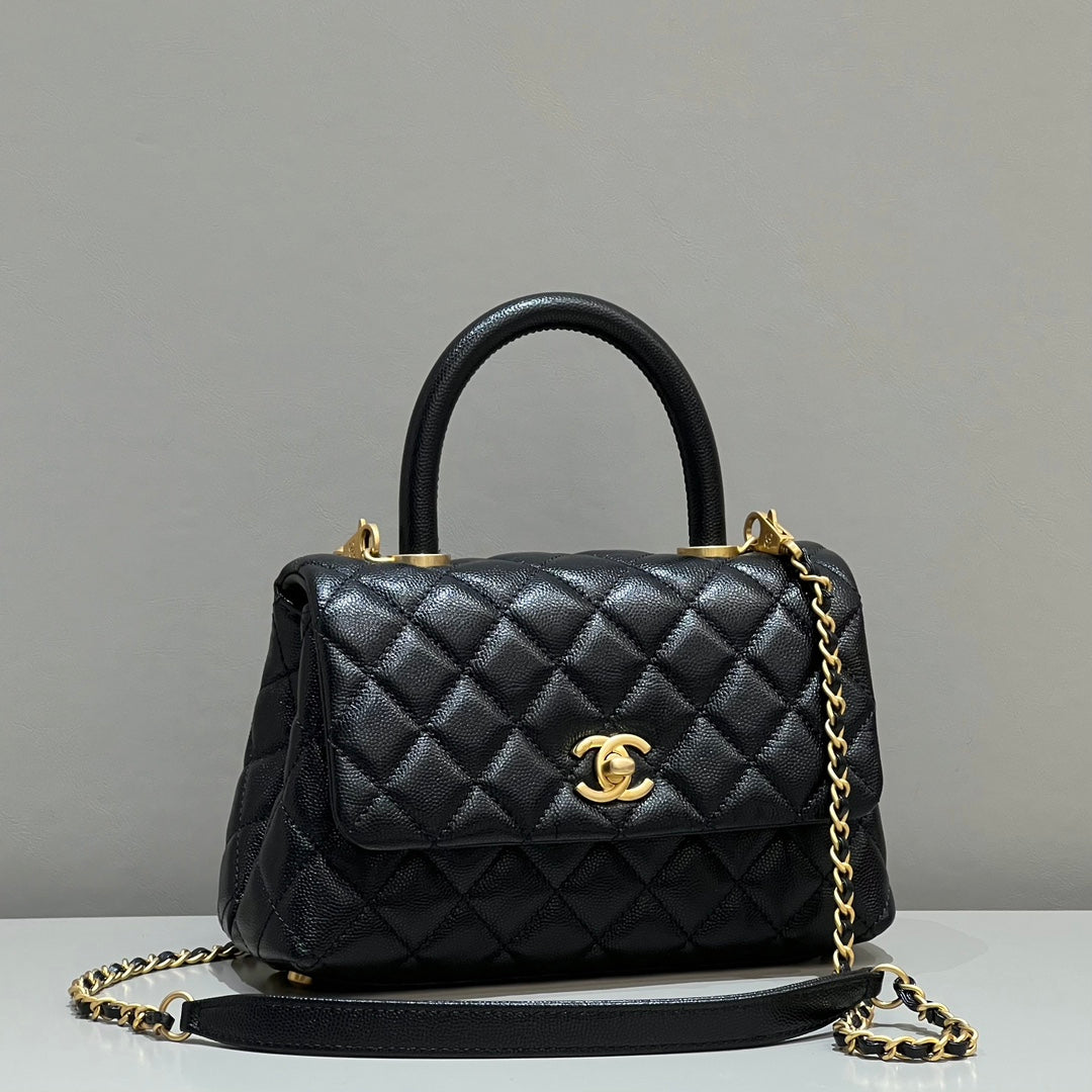 CH FLAP BAG WITH TOP HANDLE 24  Grained Calfskin Black