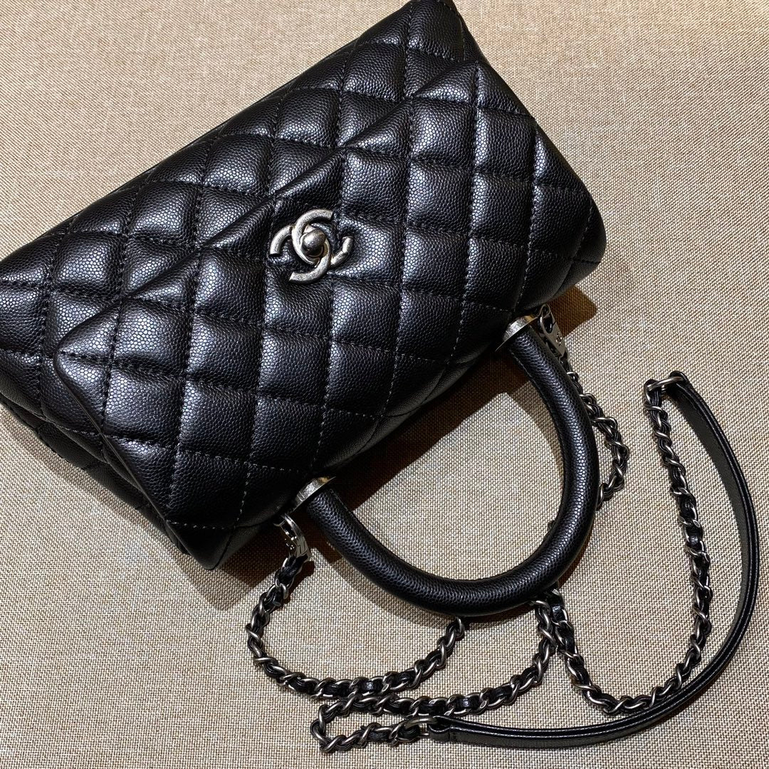 CH FLAP BAG WITH TOP HANDLE 24  Grained Calfskin Black