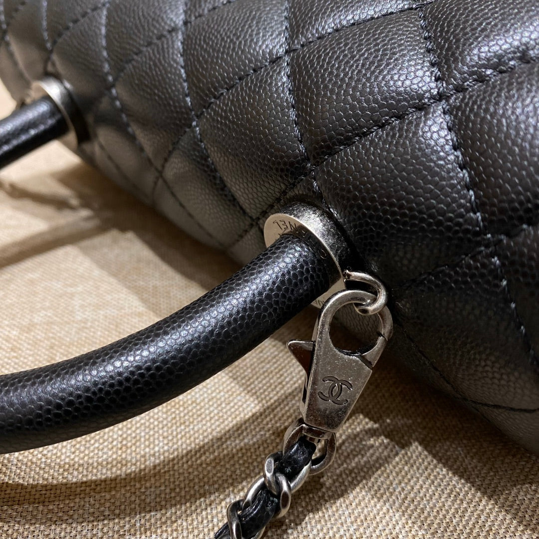 CH FLAP BAG WITH TOP HANDLE 24  Grained Calfskin Black