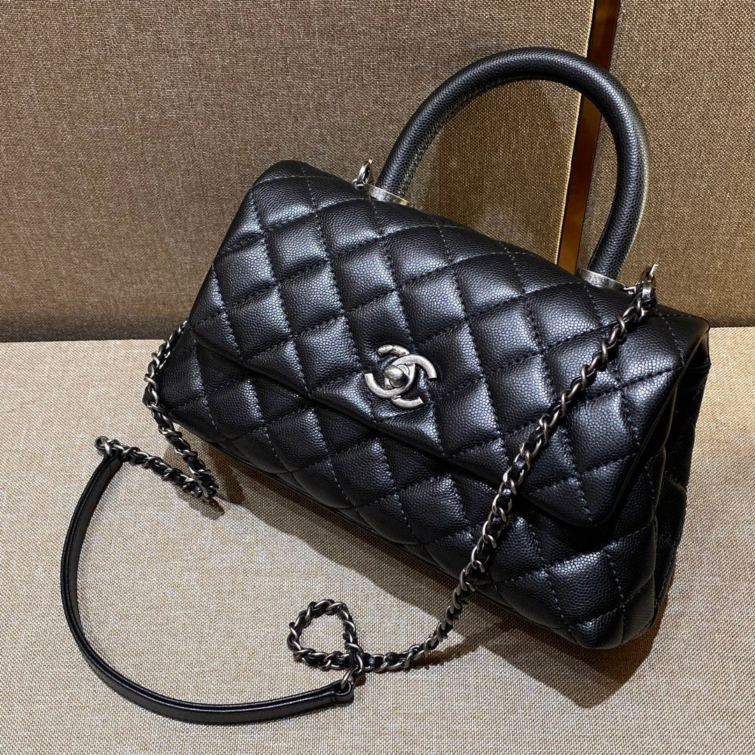 CH FLAP BAG WITH TOP HANDLE 24  Grained Calfskin Black