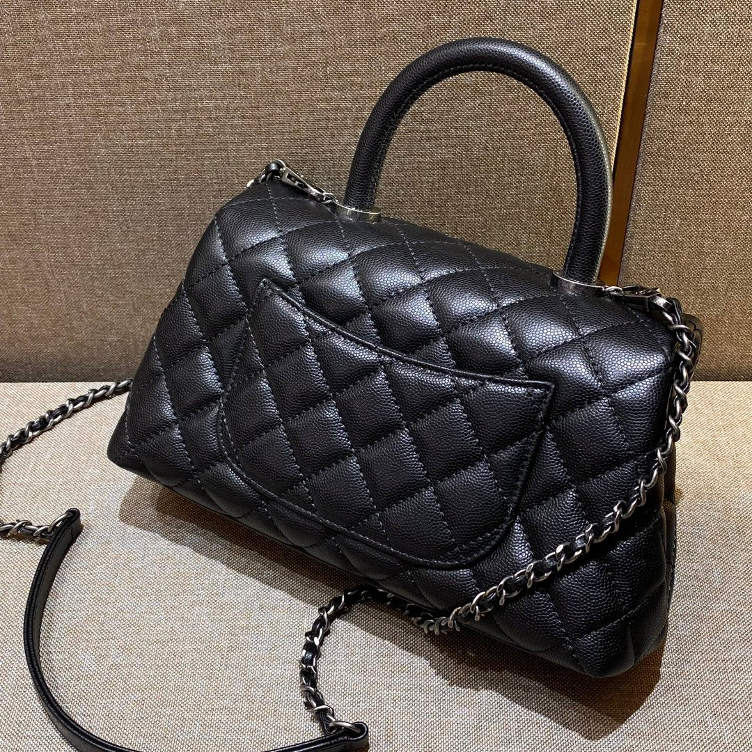 CH FLAP BAG WITH TOP HANDLE 24  Grained Calfskin Black