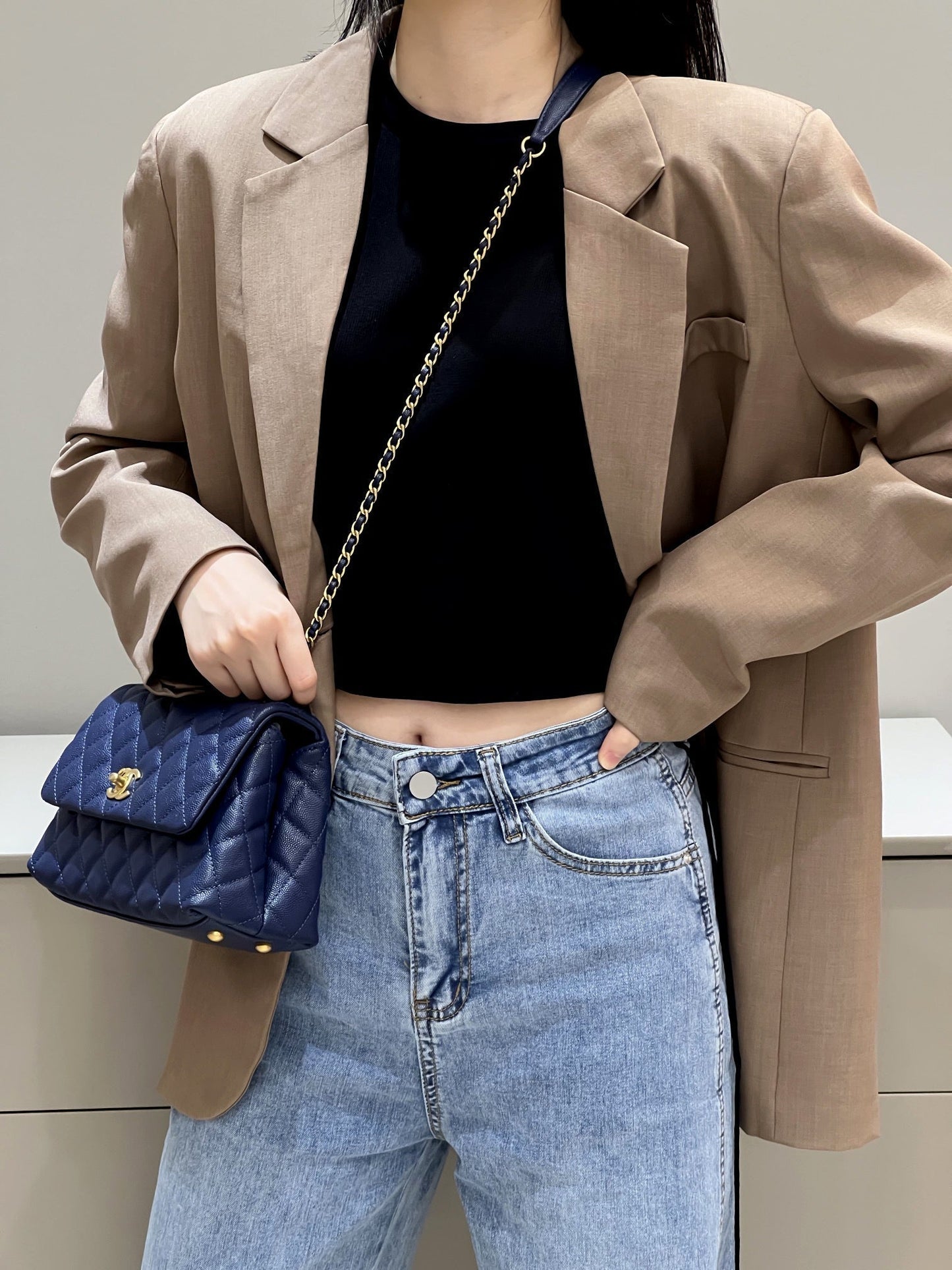 CH  FLAP BAG WITH TOP HANDLE 24  Small Grained Calfskin Navy Blue