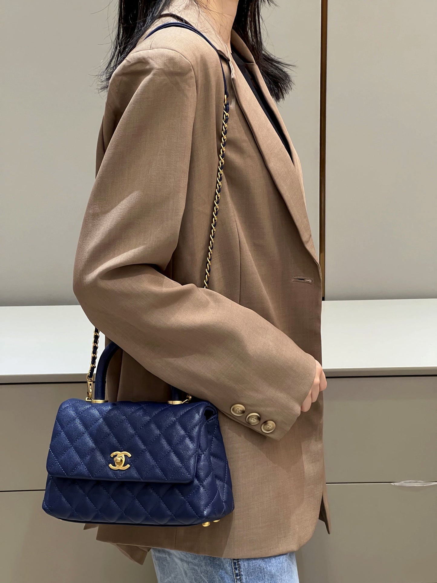 CH  FLAP BAG WITH TOP HANDLE 24  Small Grained Calfskin Navy Blue