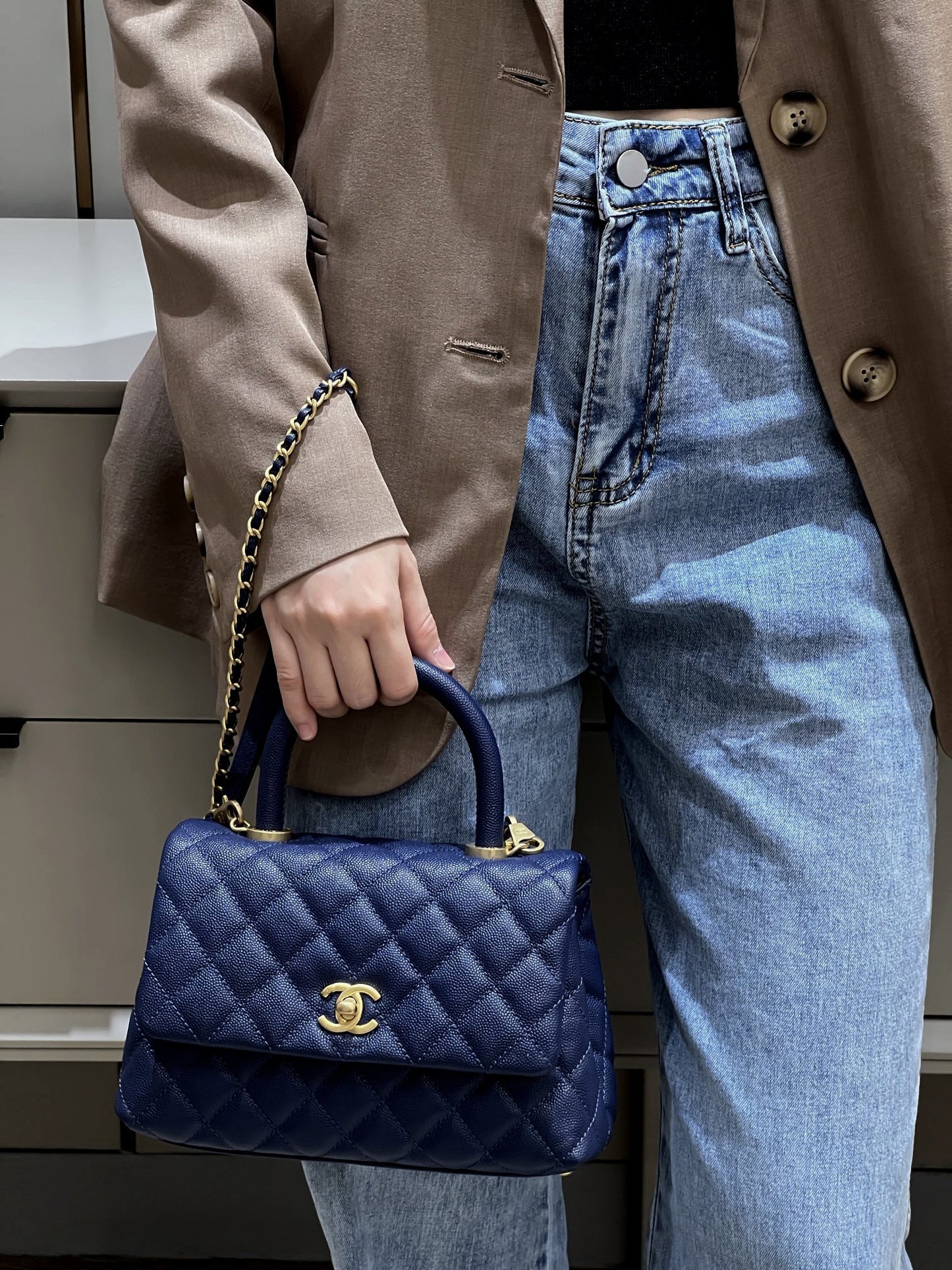 CH  FLAP BAG WITH TOP HANDLE 24  Small Grained Calfskin Navy Blue