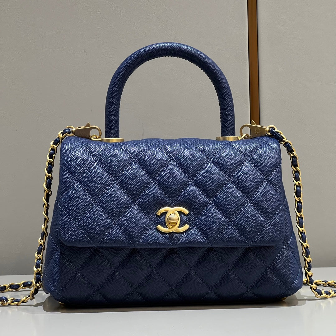CH  FLAP BAG WITH TOP HANDLE 24  Small Grained Calfskin Navy Blue