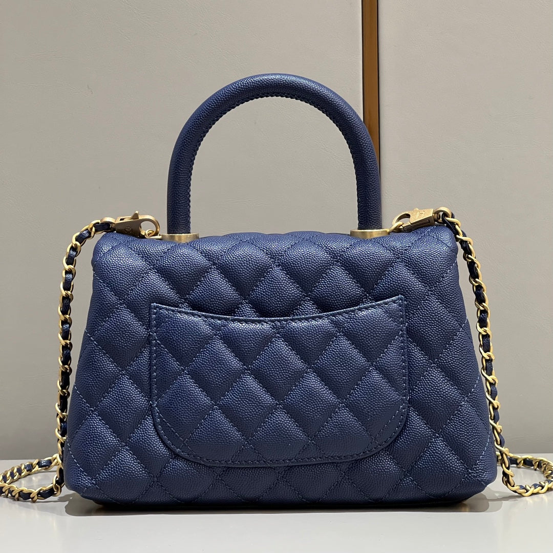 CH  FLAP BAG WITH TOP HANDLE 24  Small Grained Calfskin Navy Blue