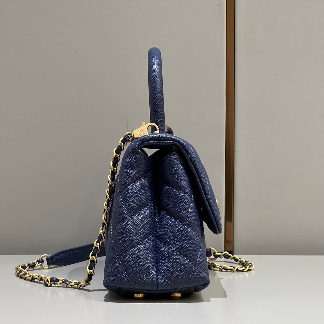 CH  FLAP BAG WITH TOP HANDLE 24  Small Grained Calfskin Navy Blue