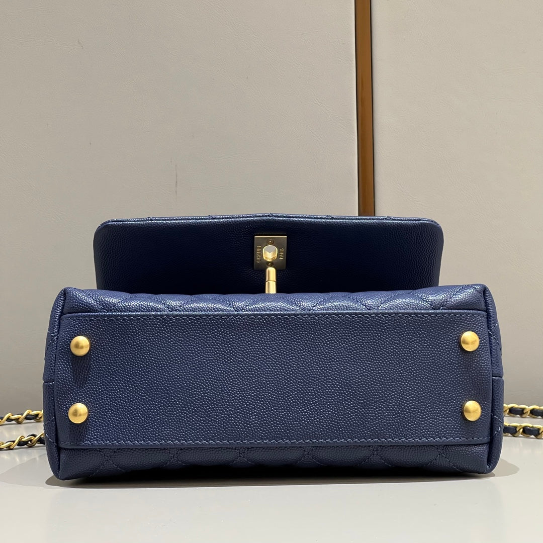 CH  FLAP BAG WITH TOP HANDLE 24  Small Grained Calfskin Navy Blue