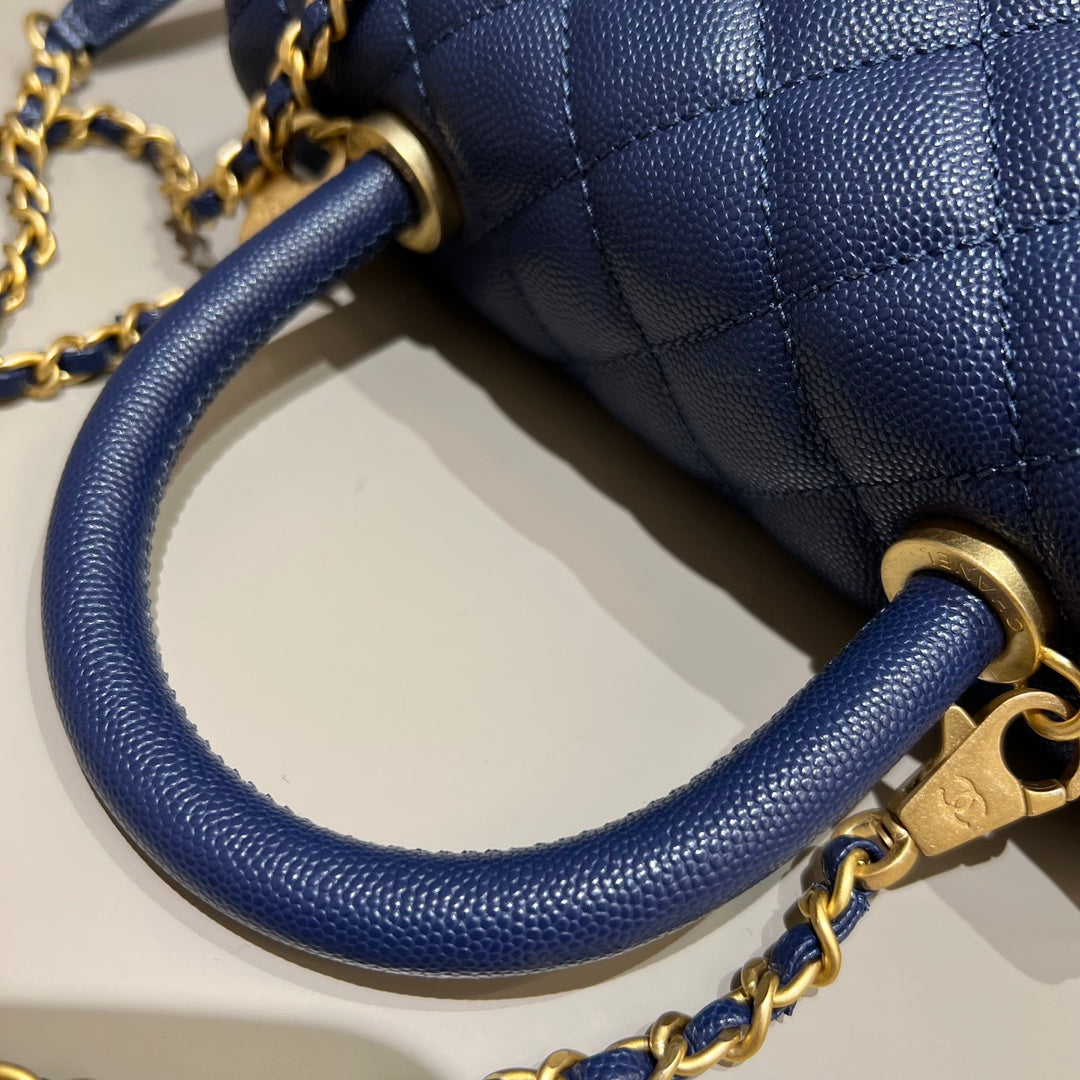 CH  FLAP BAG WITH TOP HANDLE 24  Small Grained Calfskin Navy Blue