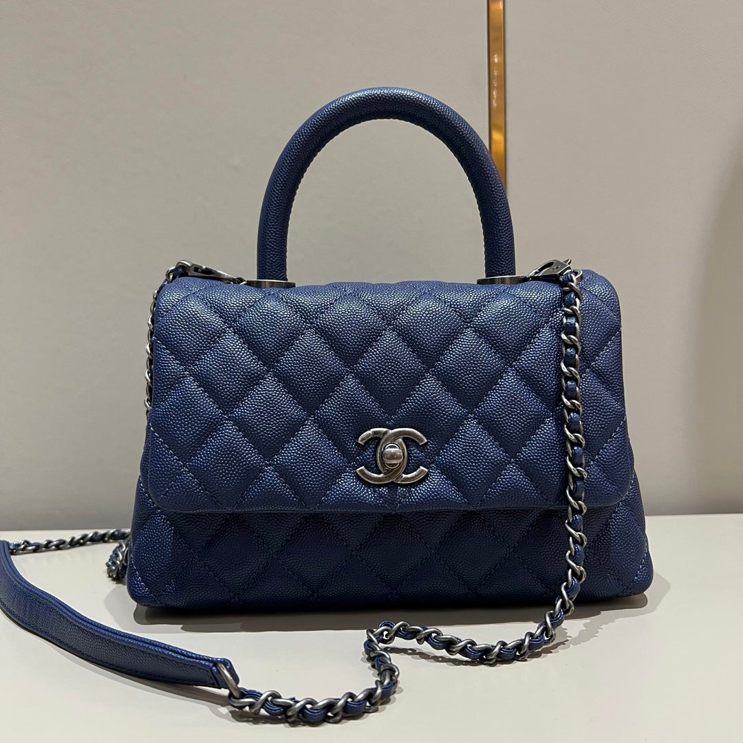 CH  FLAP BAG WITH TOP HANDLE 24  Small Grained Calfskin Navy Blue