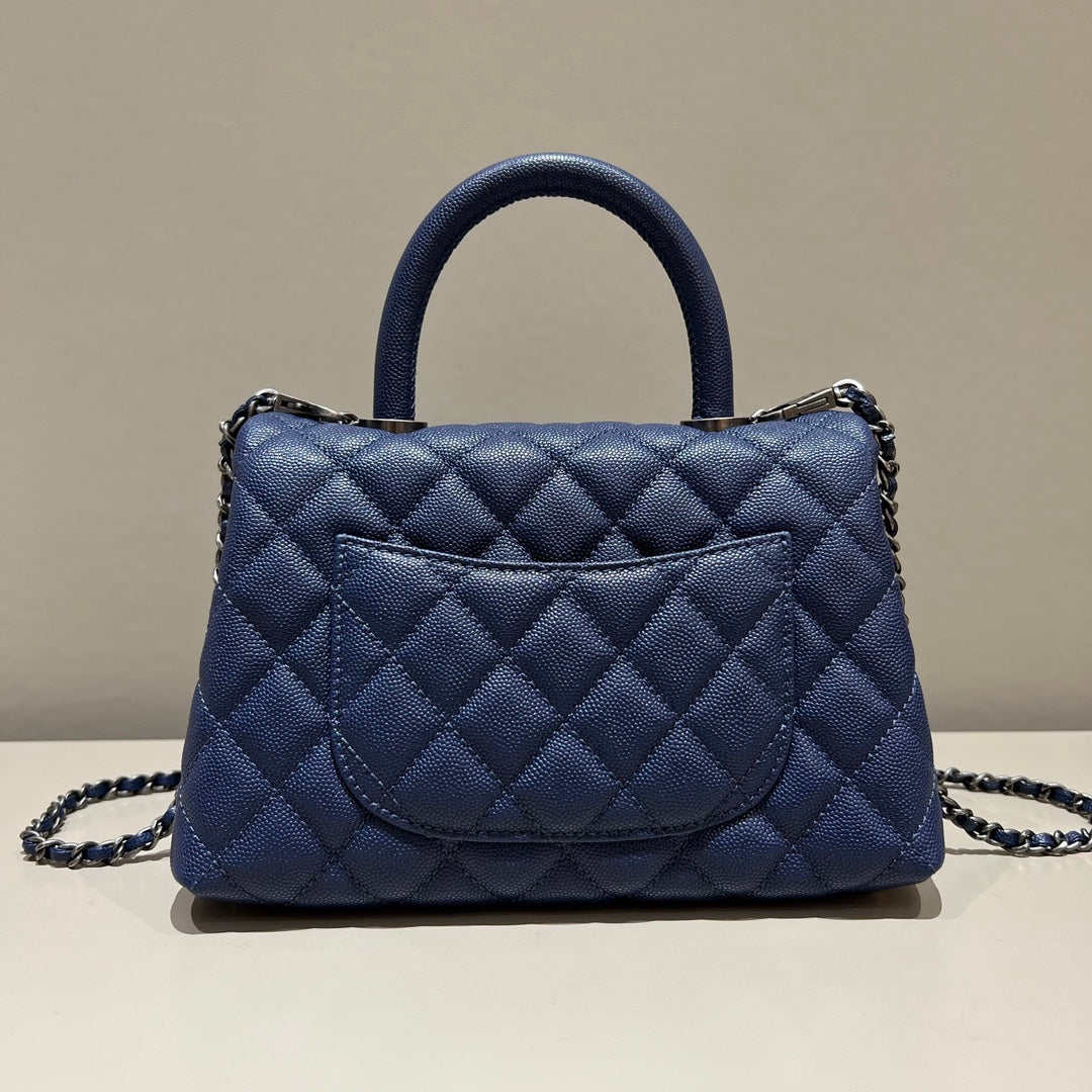 CH  FLAP BAG WITH TOP HANDLE 24  Small Grained Calfskin Navy Blue