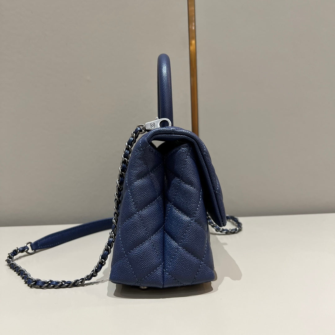 CH  FLAP BAG WITH TOP HANDLE 24  Small Grained Calfskin Navy Blue
