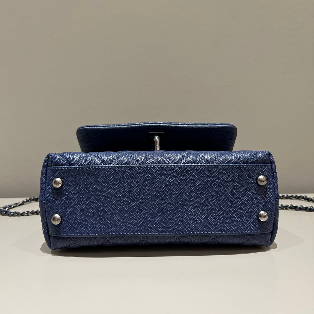 CH  FLAP BAG WITH TOP HANDLE 24  Small Grained Calfskin Navy Blue