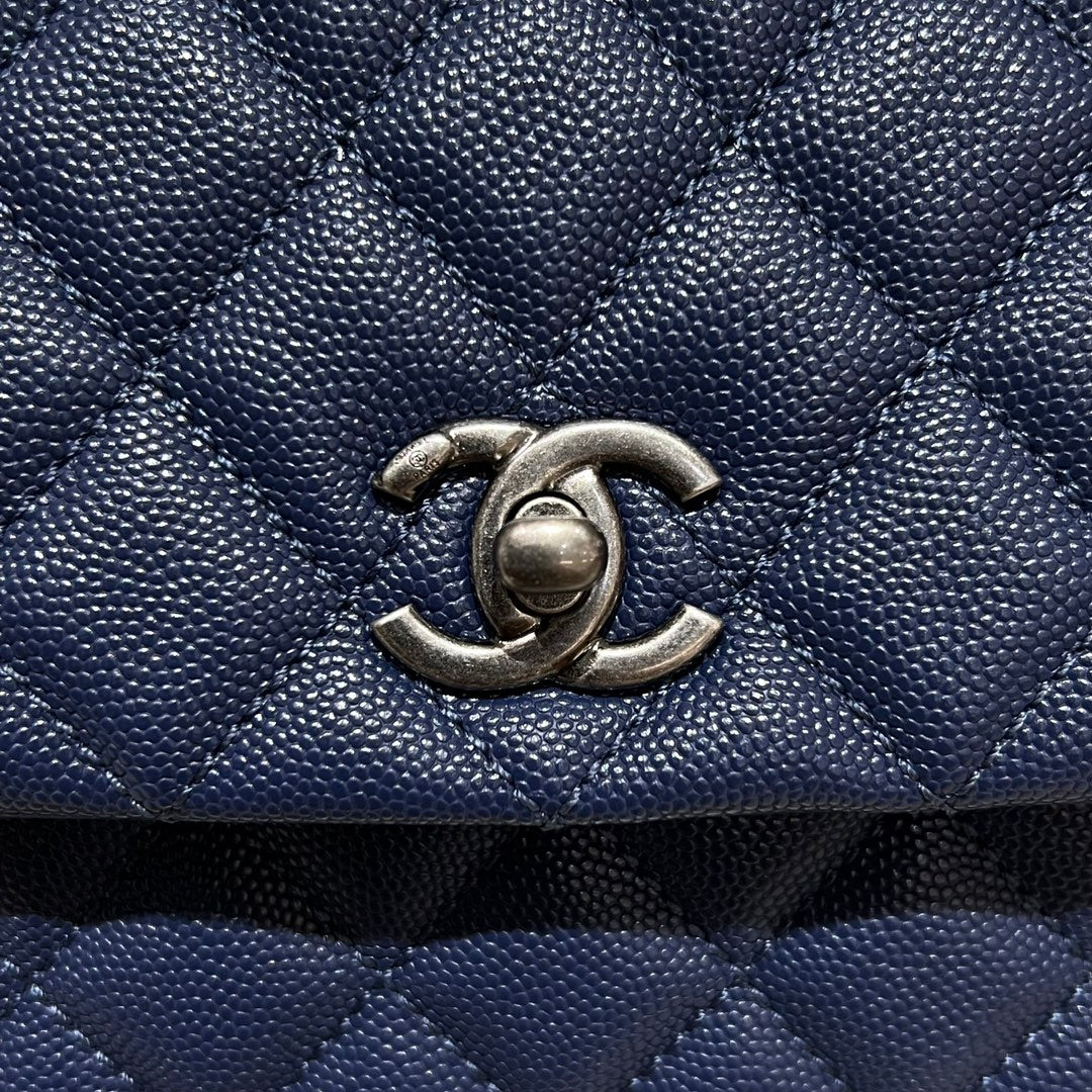 CH  FLAP BAG WITH TOP HANDLE 24  Small Grained Calfskin Navy Blue