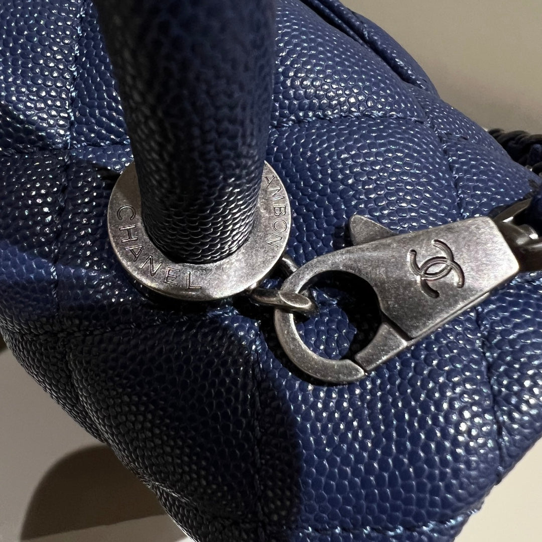 CH  FLAP BAG WITH TOP HANDLE 24  Small Grained Calfskin Navy Blue