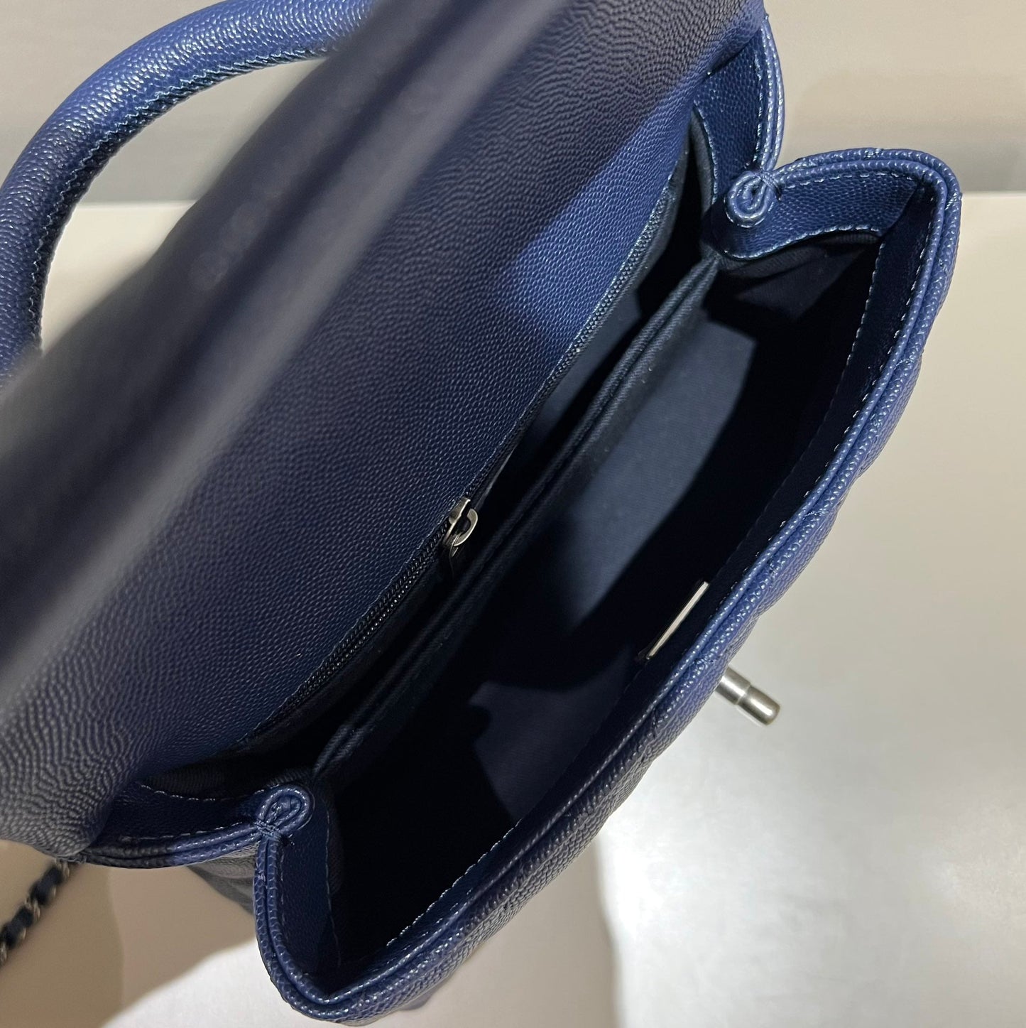 CH  FLAP BAG WITH TOP HANDLE 24  Small Grained Calfskin Navy Blue