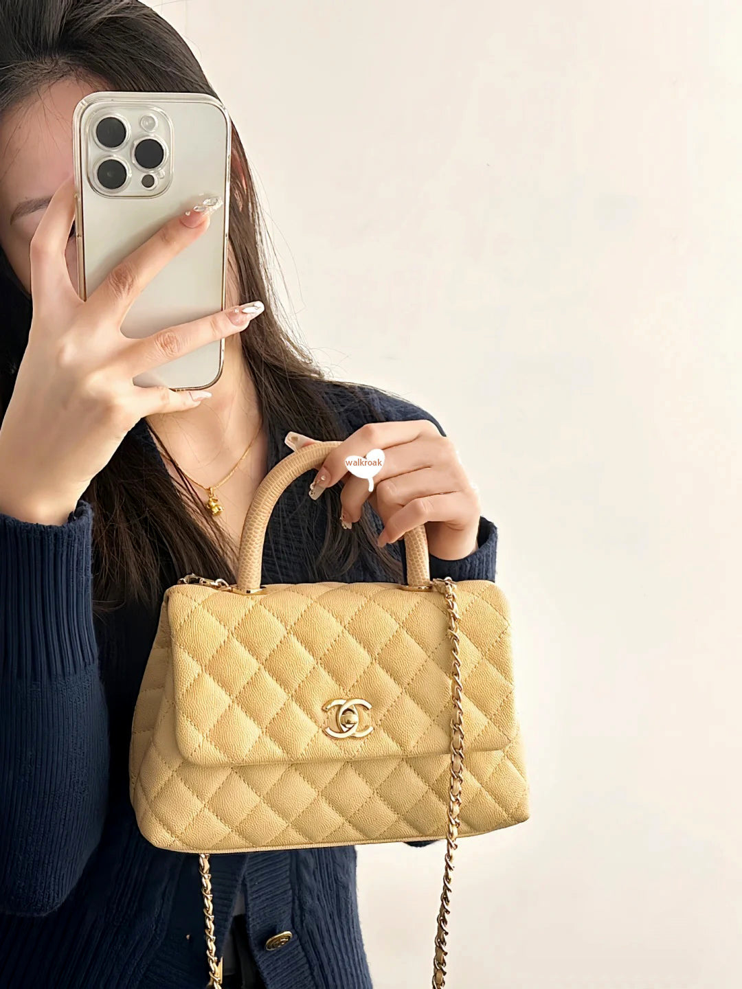 CH  FLAP BAG WITH TOP HANDLE 24  Small Grained Calfskin Light Teas