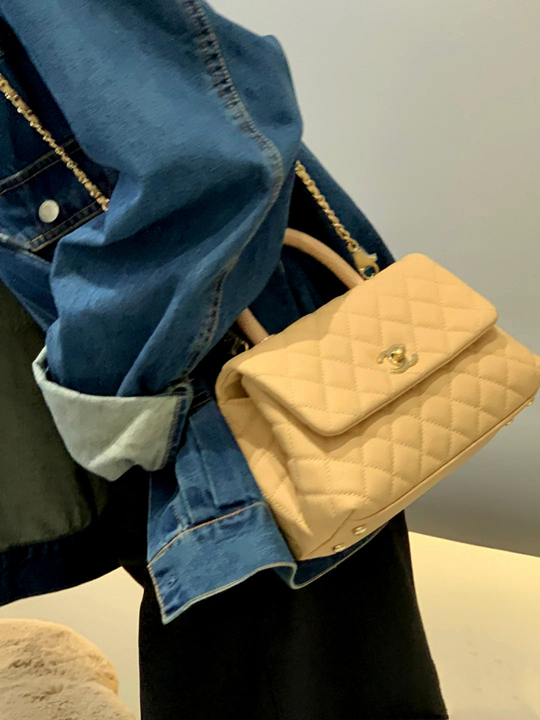 CH  FLAP BAG WITH TOP HANDLE 24  Small Grained Calfskin Light Teas