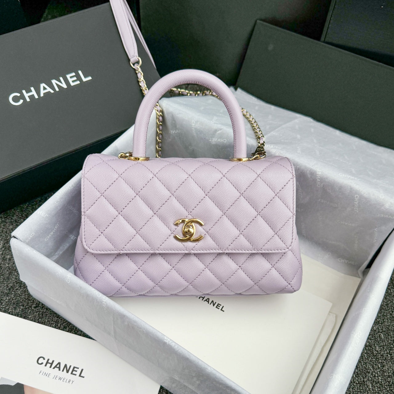 CH  FLAP BAG WITH TOP HANDLE 24  Small Grained Calfskin Light Purple