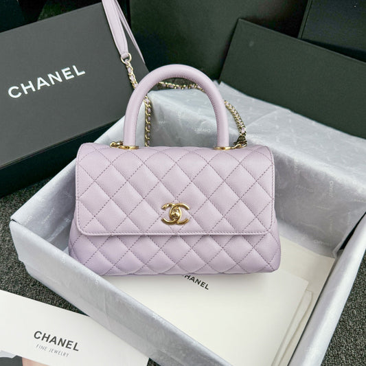 CH  FLAP BAG WITH TOP HANDLE 24  Small Grained Calfskin Light Purple