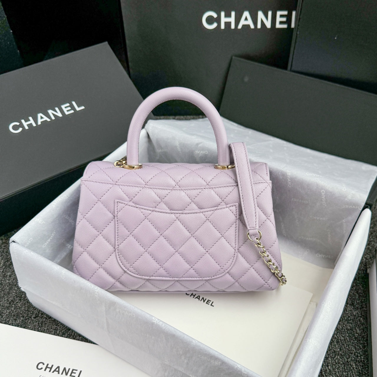 CH  FLAP BAG WITH TOP HANDLE 24  Small Grained Calfskin Light Purple