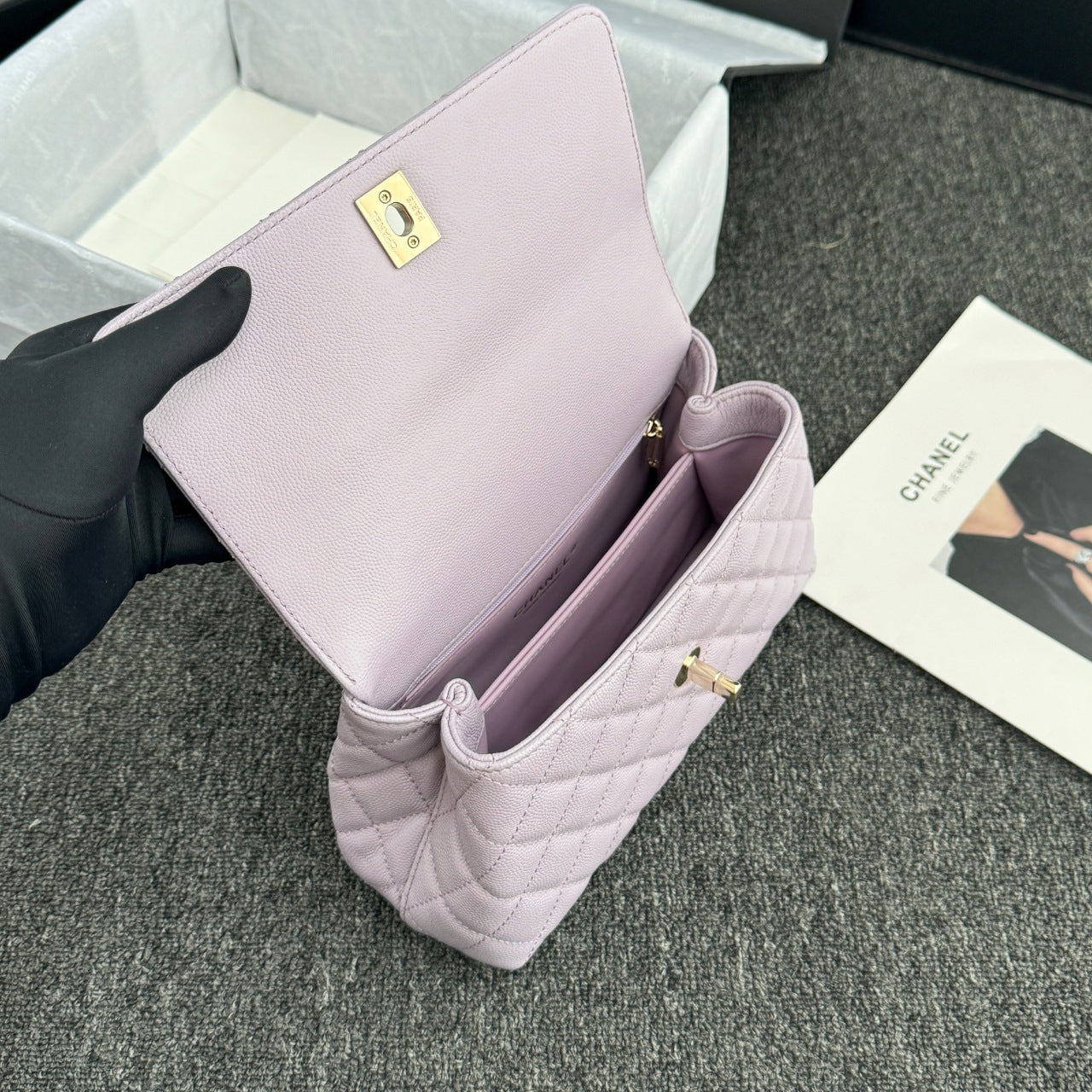 CH  FLAP BAG WITH TOP HANDLE 24  Small Grained Calfskin Light Purple