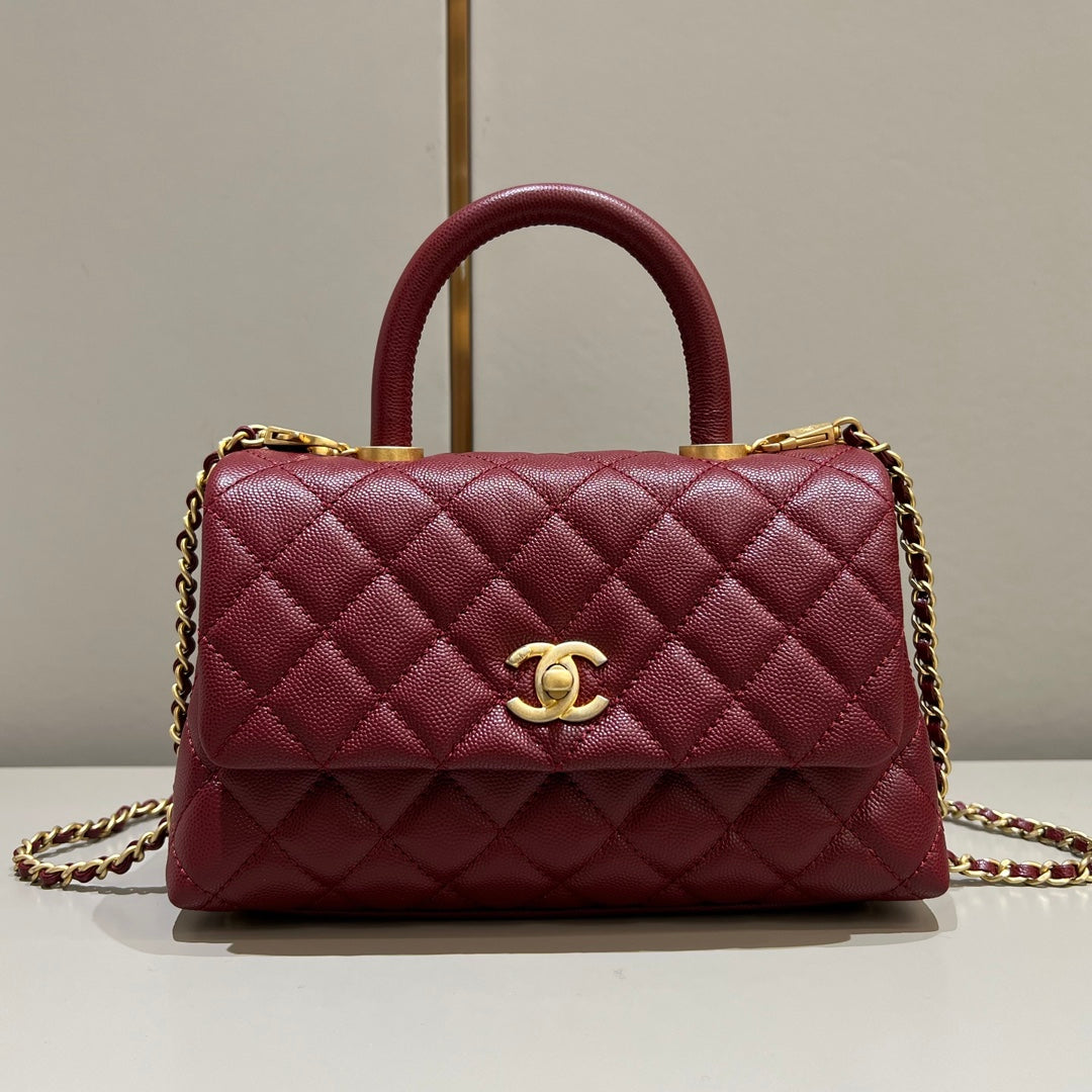 CH  FLAP BAG WITH TOP HANDLE 24  Small Grained Calfskin Red Wine Color