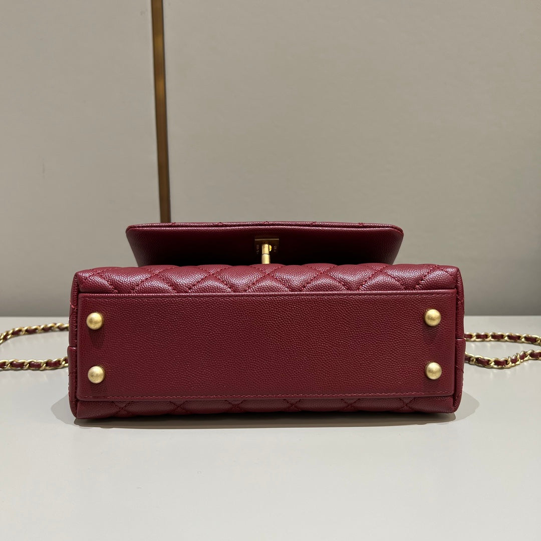 CH  FLAP BAG WITH TOP HANDLE 24  Small Grained Calfskin Red Wine Color