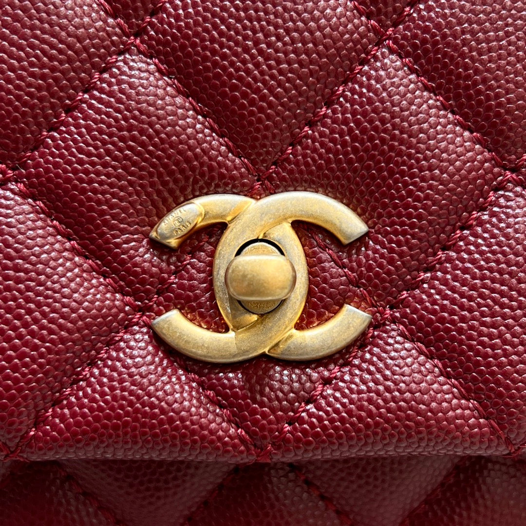 CH  FLAP BAG WITH TOP HANDLE 24  Small Grained Calfskin Red Wine Color