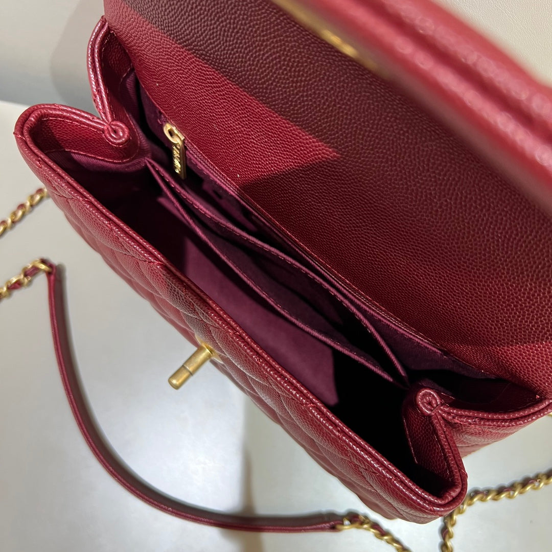 CH  FLAP BAG WITH TOP HANDLE 24  Small Grained Calfskin Red Wine Color
