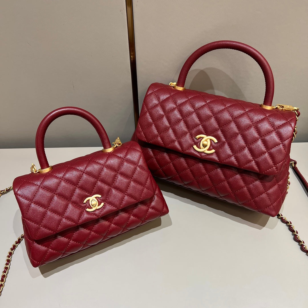 CH  FLAP BAG WITH TOP HANDLE 24  Small Grained Calfskin Red Wine Color