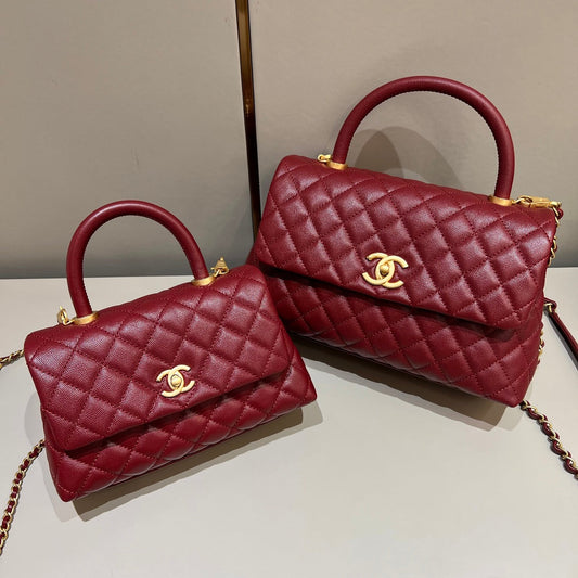 CH  FLAP BAG WITH TOP HANDLE 24  Small Grained Calfskin Red Wine Color