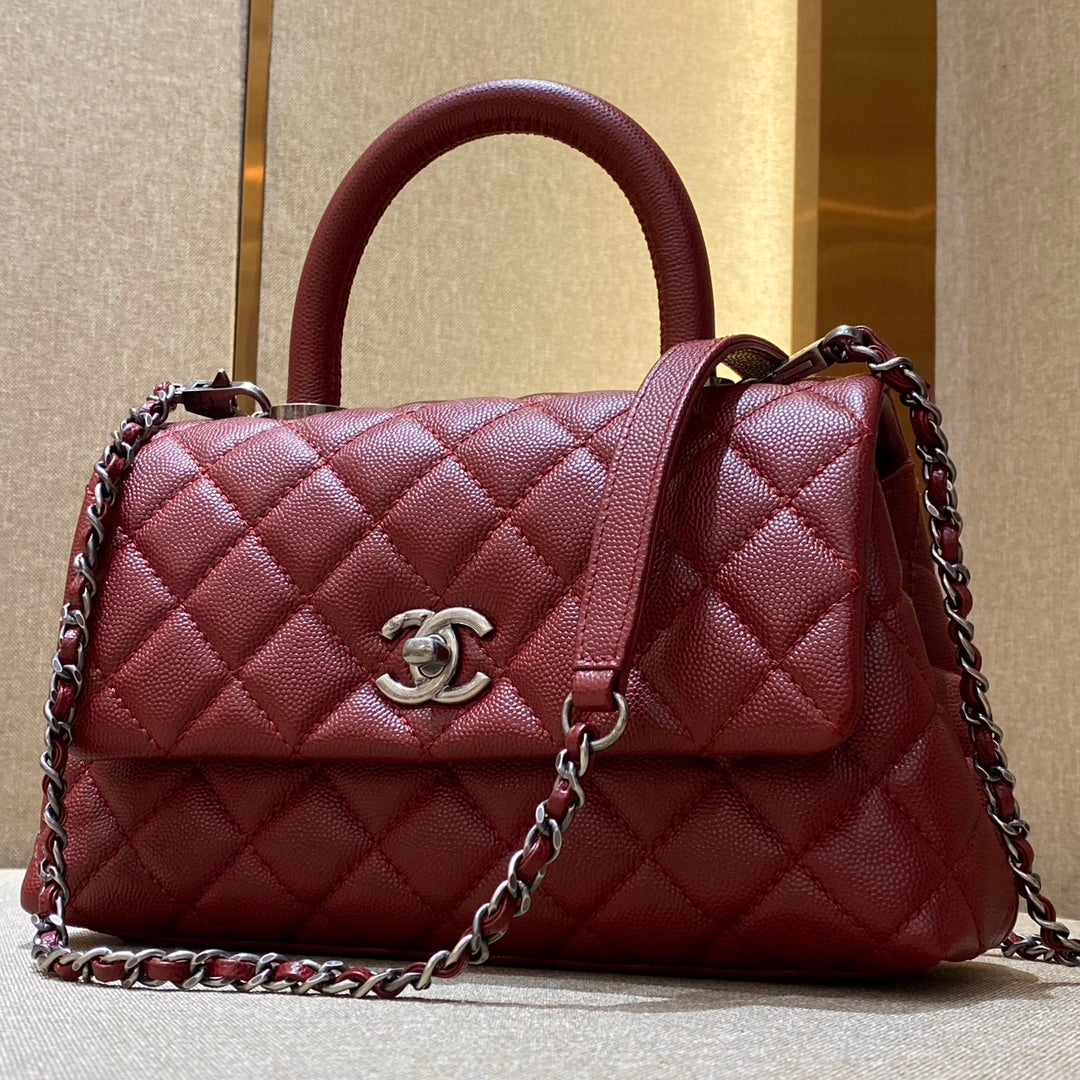 CH  FLAP BAG WITH TOP HANDLE 24  Small Grained Calfskin Red Wine Color