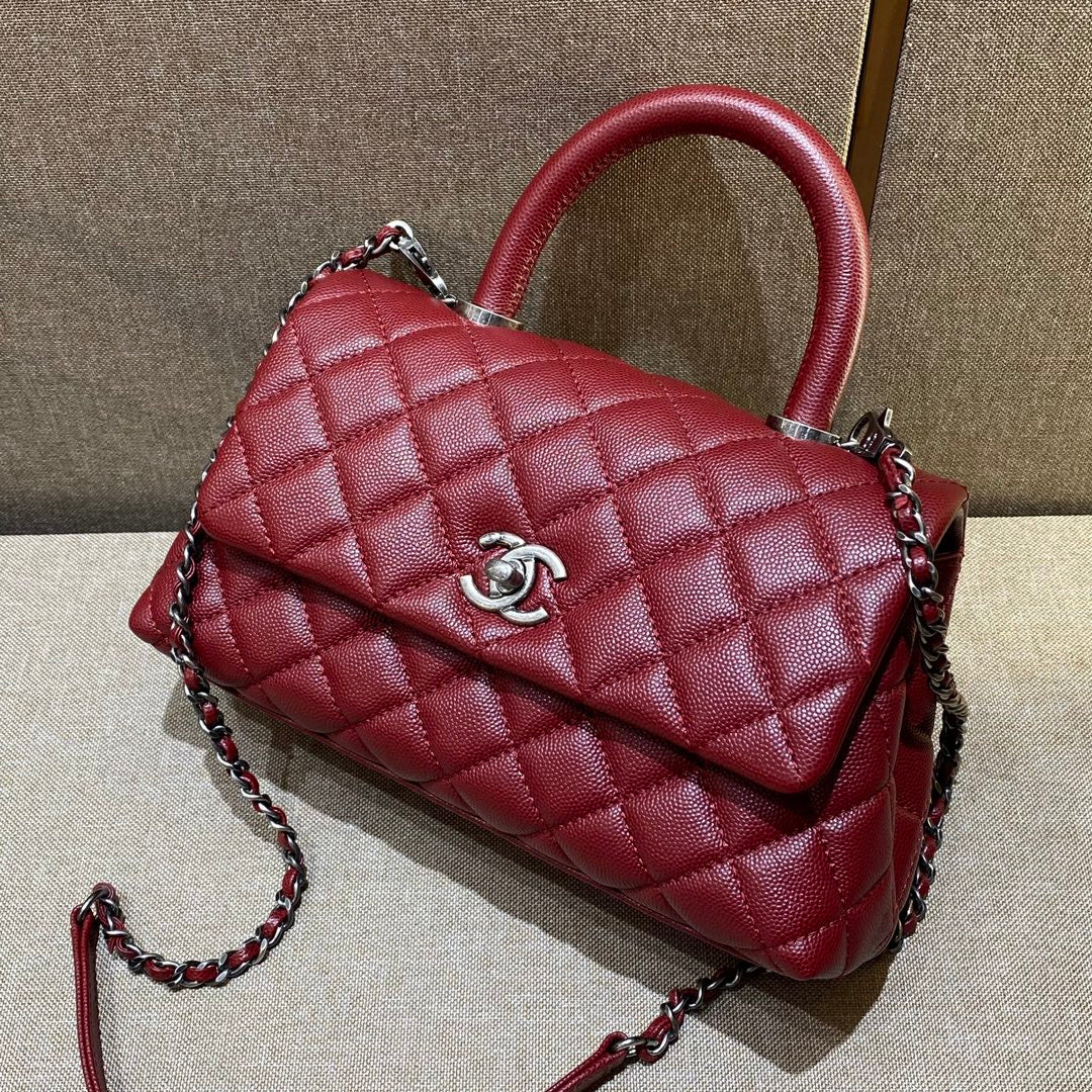 CH  FLAP BAG WITH TOP HANDLE 24  Small Grained Calfskin Red Wine Color