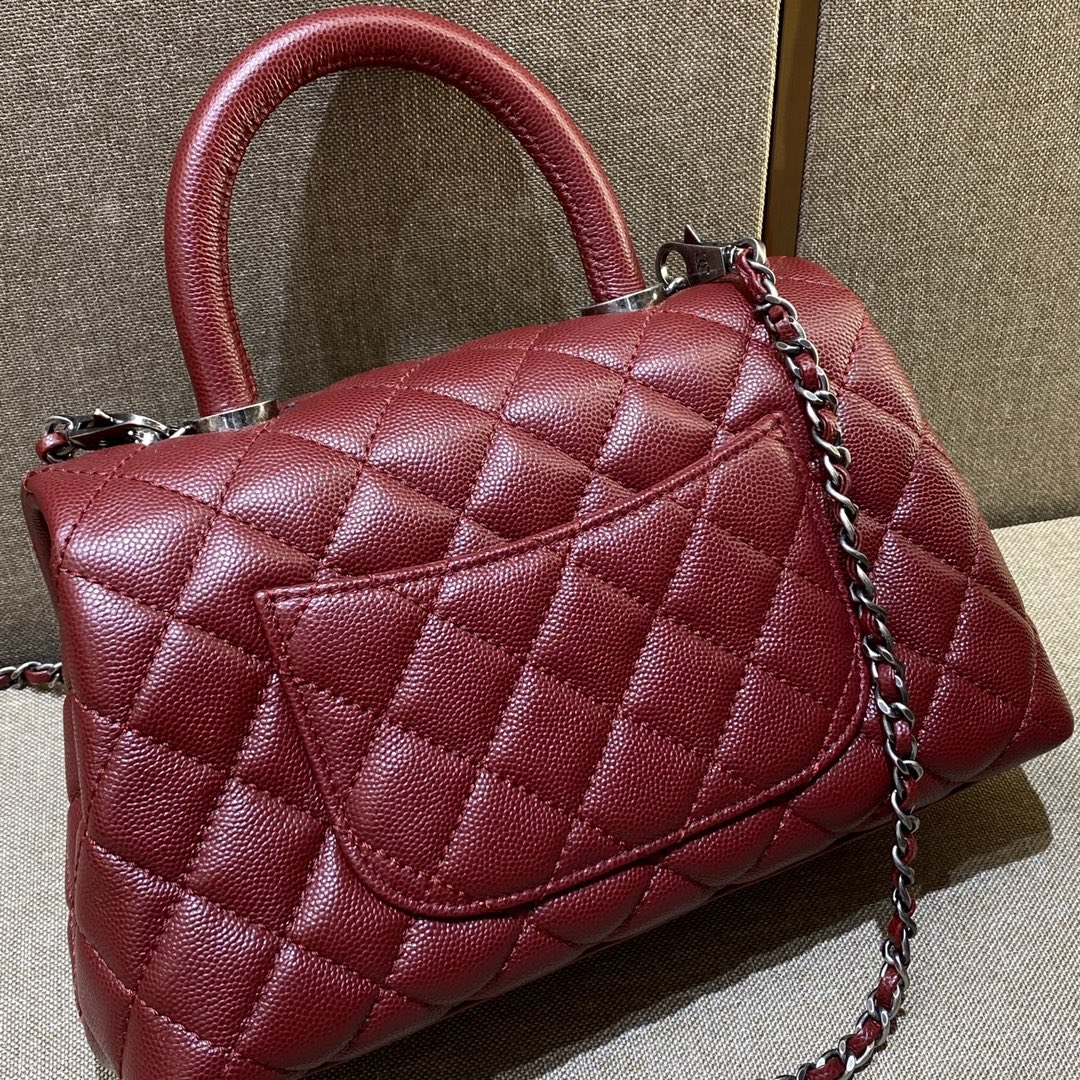 CH  FLAP BAG WITH TOP HANDLE 24  Small Grained Calfskin Red Wine Color