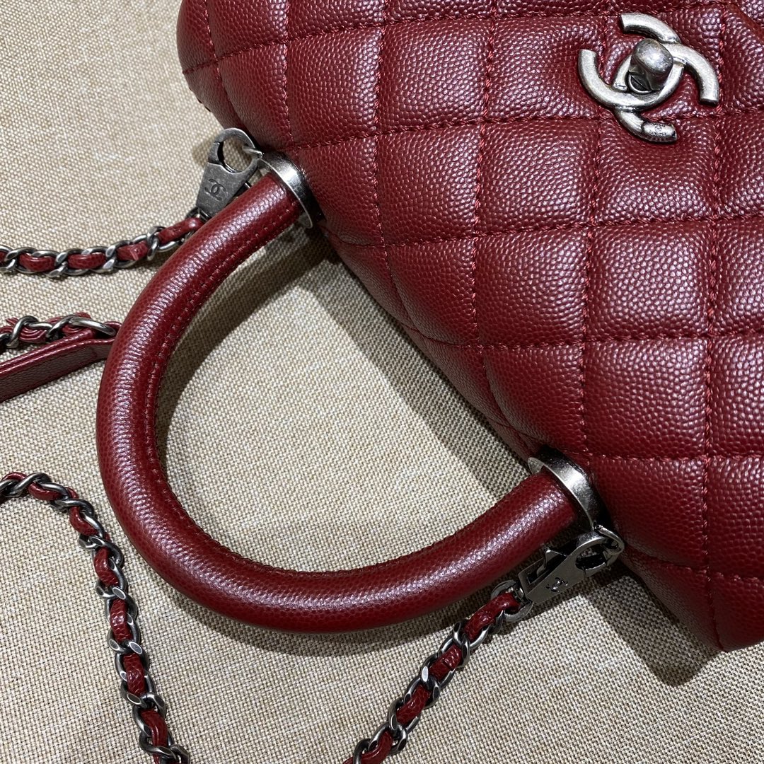 CH  FLAP BAG WITH TOP HANDLE 24  Small Grained Calfskin Red Wine Color