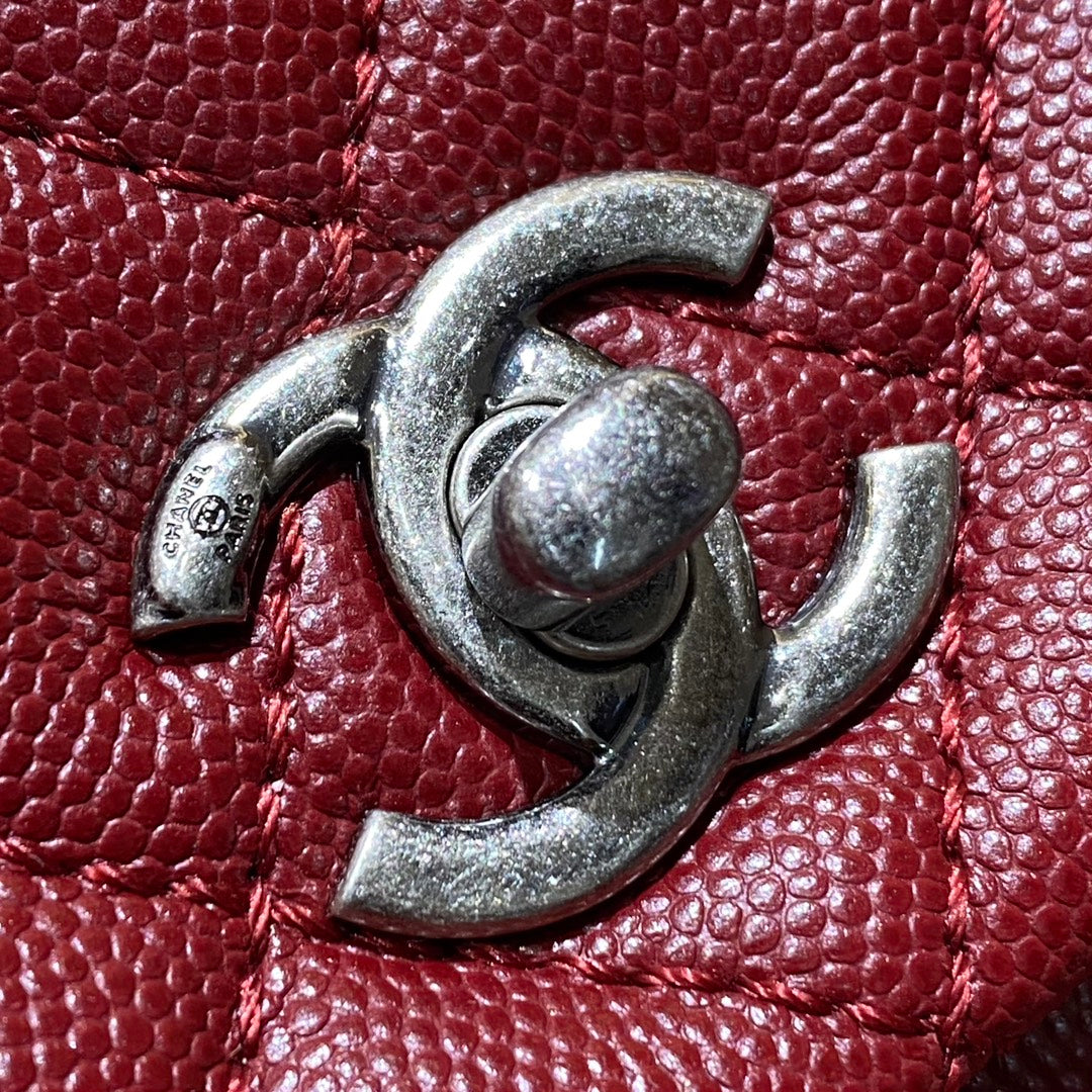 CH  FLAP BAG WITH TOP HANDLE 24  Small Grained Calfskin Red Wine Color