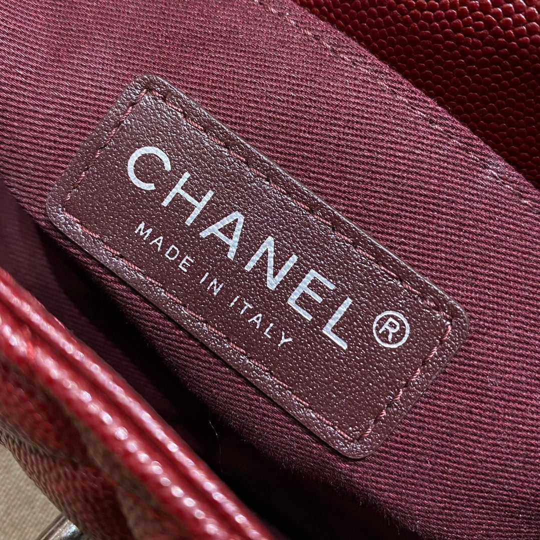 CH  FLAP BAG WITH TOP HANDLE 24  Small Grained Calfskin Red Wine Color